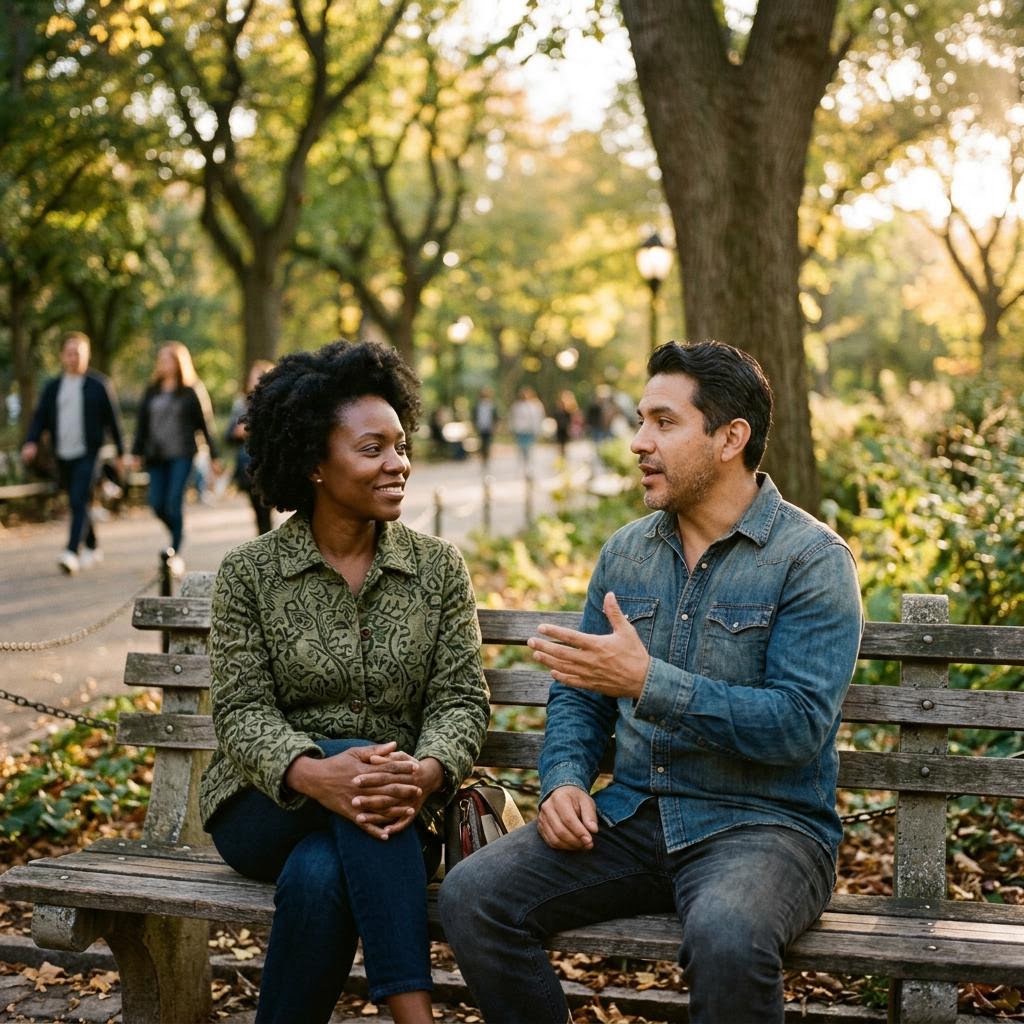 Two people sitting on a bench at sunset, one listening closely to the other