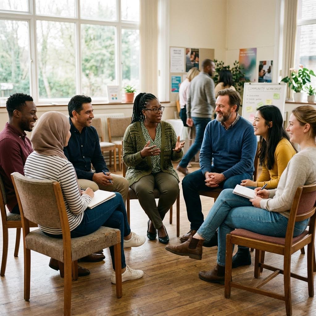 A community group sitting in a circle during a workshop