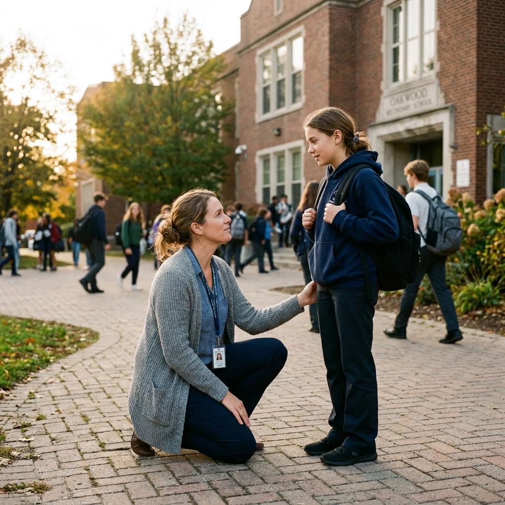 A teacher speaking calmly with a teenage student
